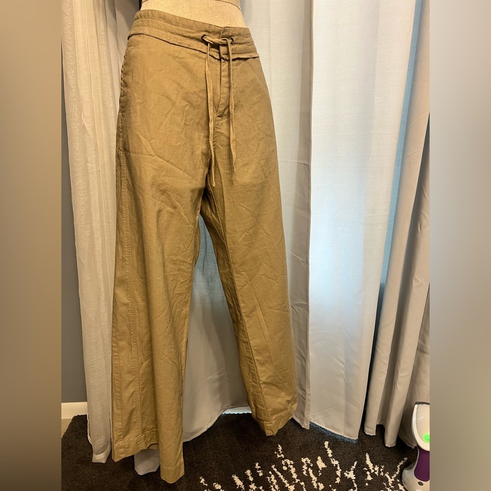 montain lake womens tan linen / cotton draw string pants embrodered leg Size 12